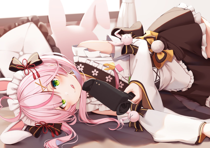 1girl, :q, absurdres, animal_ears, apron, binaural_microphone, brown_skirt, detached_sleeves