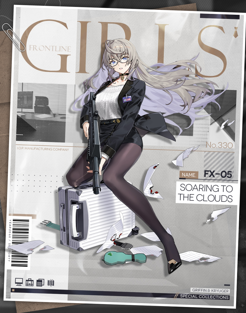 1girl, artist_request, assault_rifle, bespectacled, black_choker, black_jacket, black_pantyhose, black_shoes