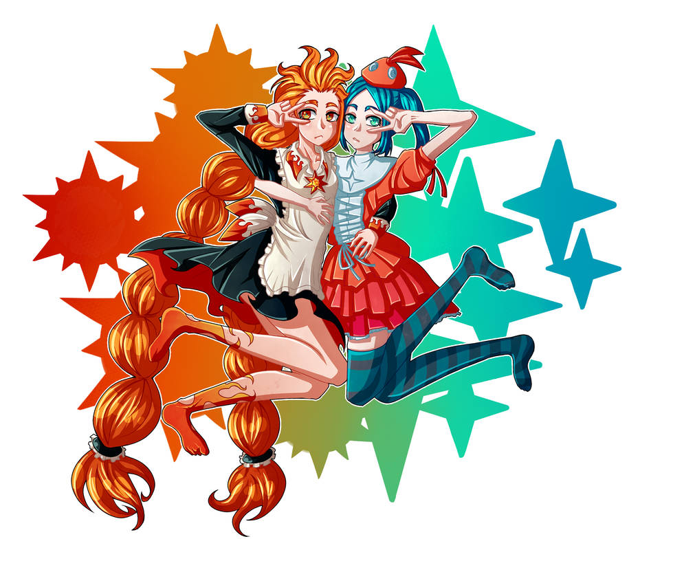 blue_hair, googly_eyes, no_shoes, non-web_source, omokage_magokoro, ononoki_yotsugi, orange_hair, striped_legwear