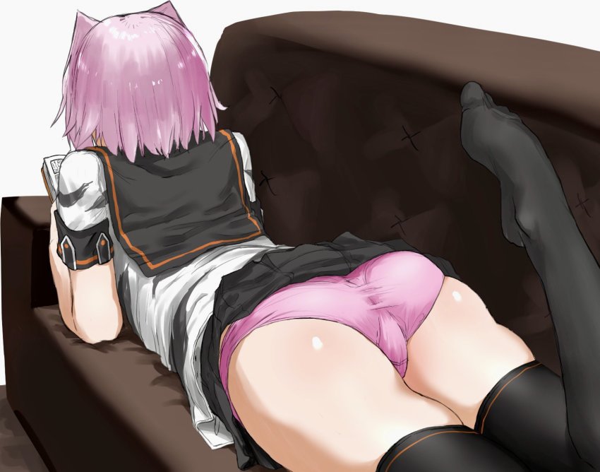 1girl, animal_print, ass, bad_id, bad_twitter_id, black_sailor_collar, black_skirt, black_thighhighs, book, cameltoe, clothes_lift, commentary_request, couch, crotch_seam, from_behind, gekiteki_na_beefsteak, highres, kantai_collection, lying, on_stomach, panties, pink_hair, pink_panties, pleated_skirt, reading, sailor_collar, sailor_shirt, school_uniform, serafuku, shirt, short_hair, short_sleeves, simple_background, skindentation, skirt, skirt_lift, solo, tama_(kancolle), tama_kai_ni_(kancolle), thighhighs, thighs, tiger_print, underwear, white_background
