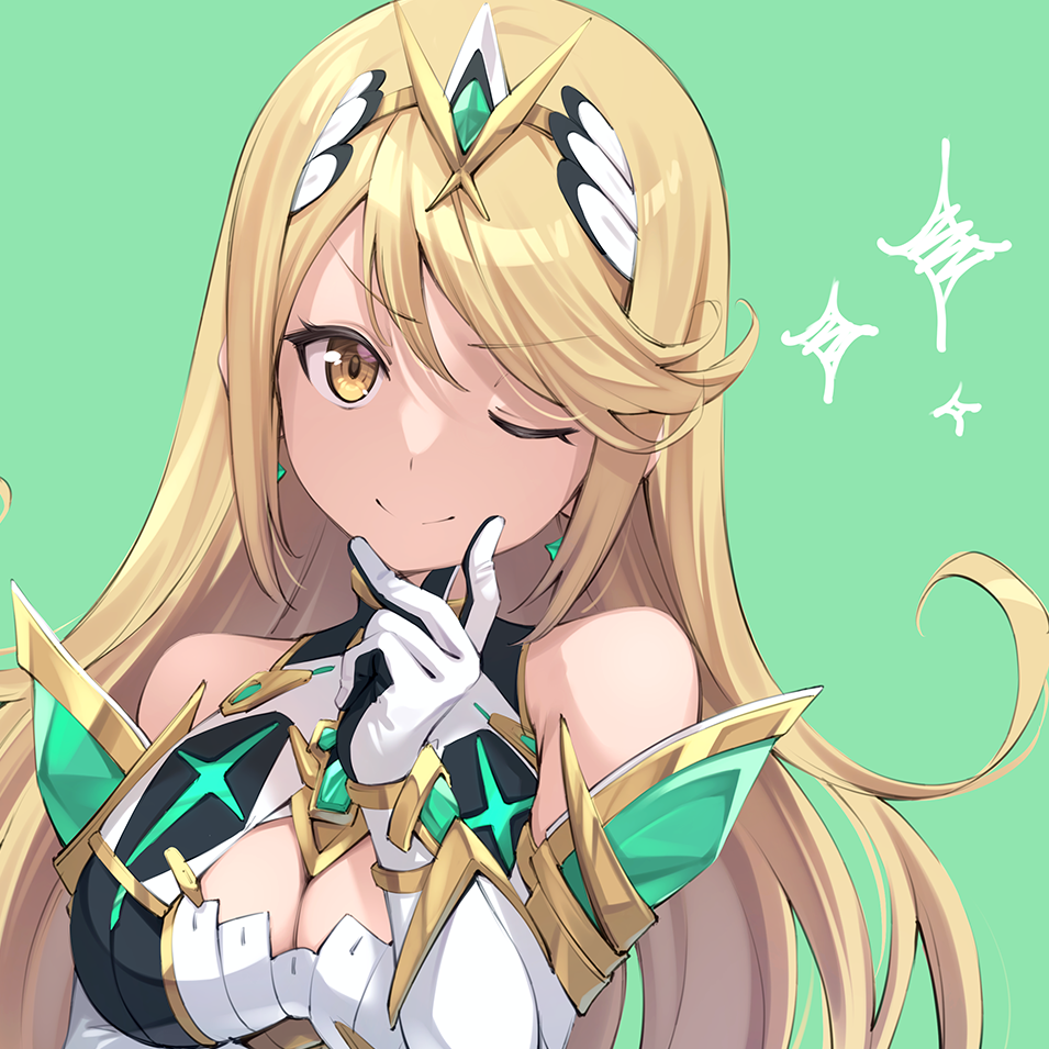 1girl, bare_shoulders, blonde_hair, breasts, chest_jewel, cleavage, cleavage_cutout, clothing_cutout