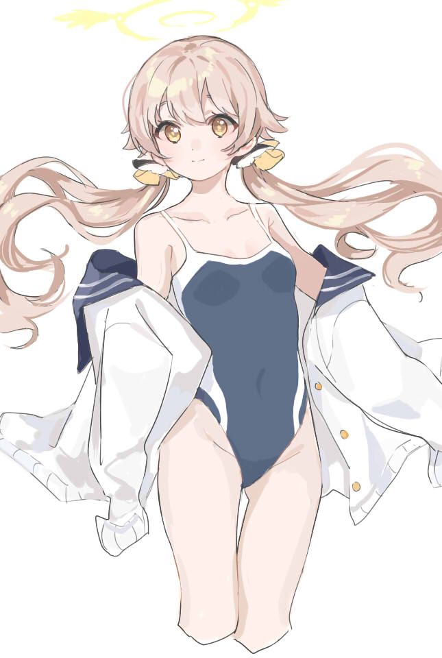 blue_archive, blue_one-piece_swimsuit, breasts, collarbone, commentary, competition_swimsuit, cropped_legs, groin