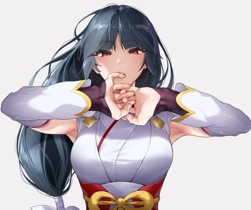 1girl, armpits, black_hair, breasts, commentary_request, detached_sleeves, eyelashes, hands_up, highres, hizuki_akira, long_hair, looking_at_viewer, nintendo, official_alternate_costume, own_hands_together, parted_lips, pokemon, pokemon_masters_ex, red_eyes, red_sash, sabrina_(new_year's_2022)_(pokemon), sabrina_(pokemon), sash, simple_background, solo, upper_body, white_background