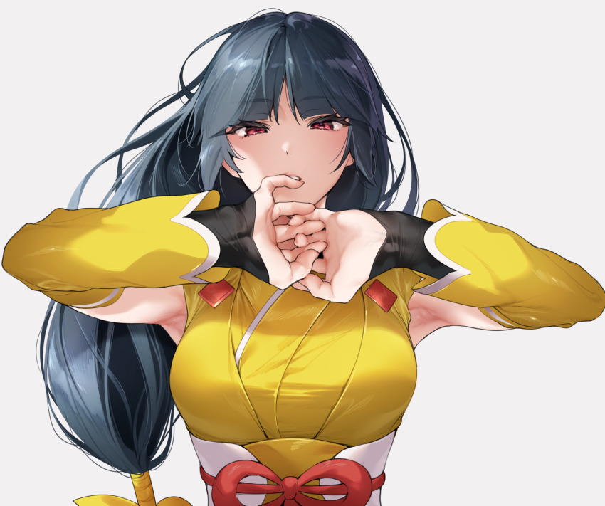 1girl, alternate_color, armpits, black_hair, breasts, commentary_request, detached_sleeves, eyelashes, hands_up, highres, hizuki_akira, long_hair, looking_at_viewer, nintendo, official_alternate_costume, own_hands_together, parted_lips, pokemon, pokemon_masters_ex, red_eyes, sabrina_(new_year's_2022)_(pokemon), sabrina_(pokemon), sash, simple_background, solo, upper_body, white_background, white_sash
