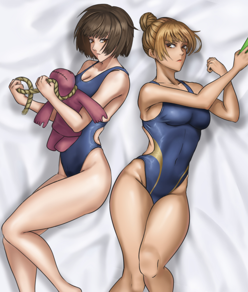 1girl, blue_one-piece_swimsuit, bob_cut, breasts, brown_eyes, brown_hair, cleavage, commentary_request, competition_swimsuit, cowboy_shot, hair_bun, highleg, highleg_one-piece_swimsuit, highres, jujutsu_kaisen, light_brown_hair, lying, mimiko_(jujutsu_kaisen), nanako_(jujutsu_kaisen), on_side, one-piece_swimsuit, reimei33, short_hair, siblings, single_hair_bun, sisters, small_breasts, solo, stuffed_toy, swimsuit