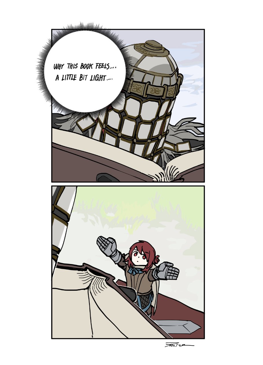 1boy, 1other, black_skin, book, closed_mouth, colored_skin, elden_ring, english_text