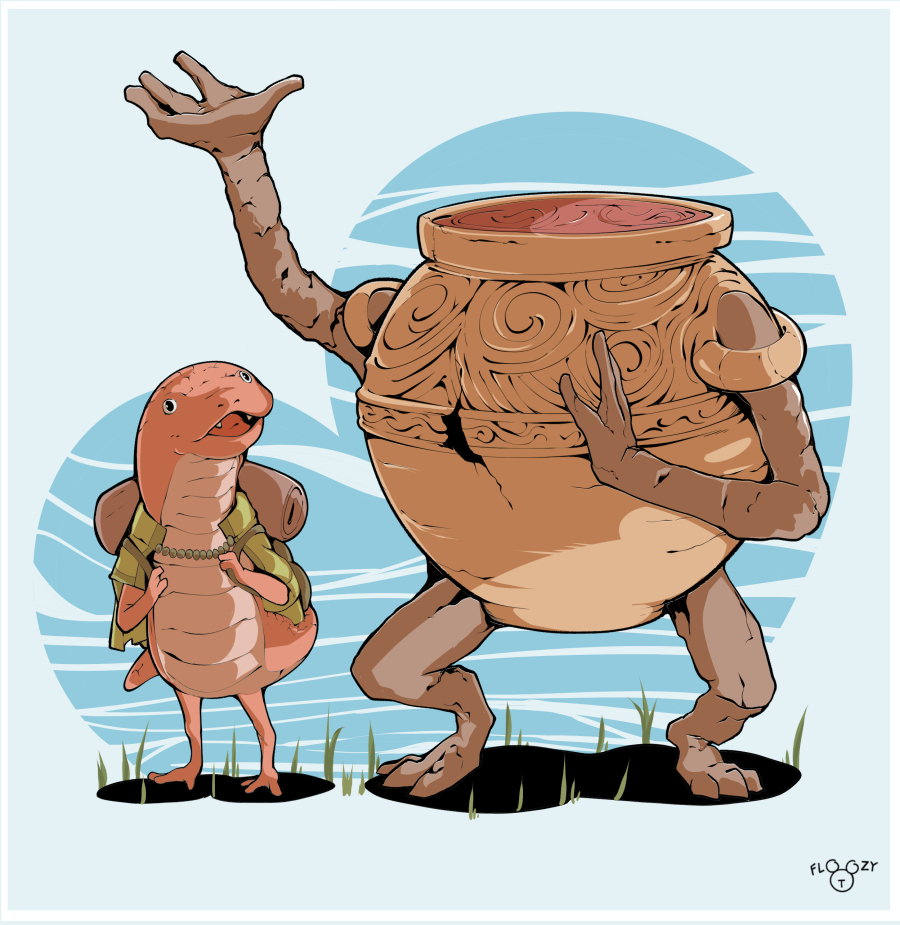 1girl, 1other, aged_up, backpack, bag, commentary, elden_ring, english_commentary