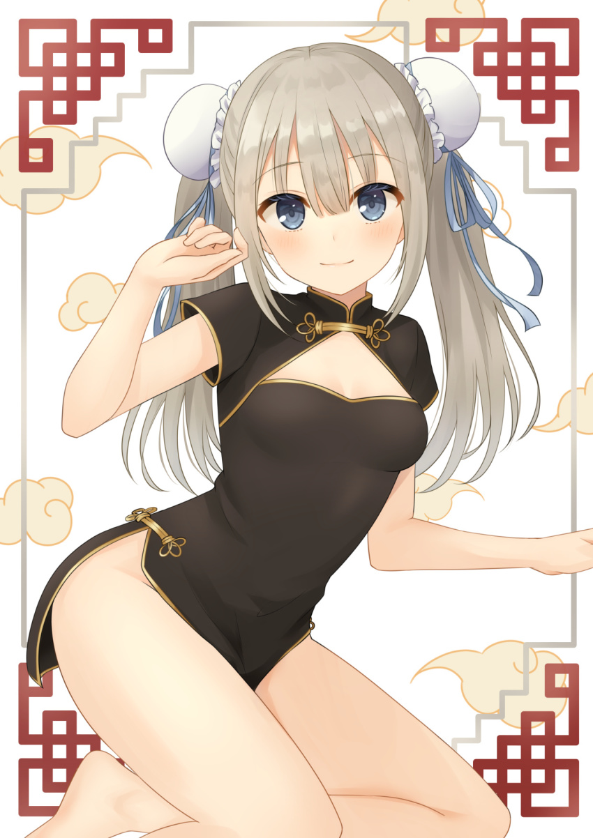 1girl, bare_legs, barefoot, black_dress, blue_eyes, blue_ribbon, blunt_bangs, blush, breasts, bun_cover, china_dress, chinese_clothes, cleavage, closed_mouth, dress, framed, furutori, hair_between_eyes, hair_ribbon, highres, long_hair, looking_at_viewer, no_panties, original, ribbon, short_dress, short_sleeves, silver_hair, small_breasts, smile, solo