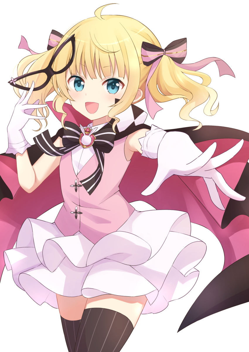 1girl, :d, ahoge, black_bow, black_bowtie, black_thighhighs, blonde_hair, blue_eyes