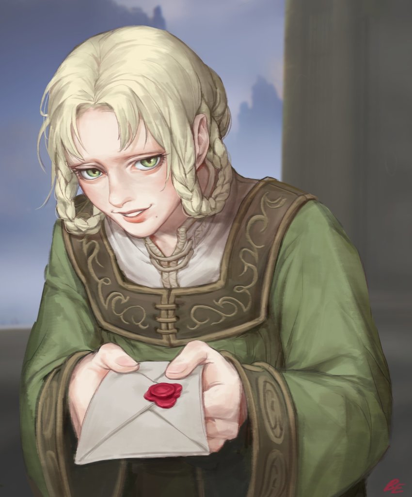 1girl, absurdres, blonde_hair, boiled_egg27, braid, braided_hair_rings, dress, elden_ring, green_dress, green_eyes, hair_rings, highres, holding, holding_letter, incoming_letter, letter, long_sleeves, looking_at_viewer, rya_(elden_ring), shirt, smile, solo, upper_body, white_shirt