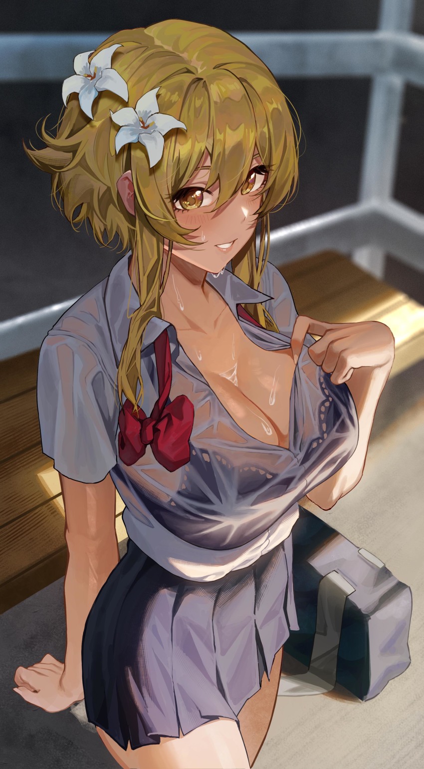 1girl, absurdres, blonde_hair, blush, breasts, cleavage, collarbone, cozyu