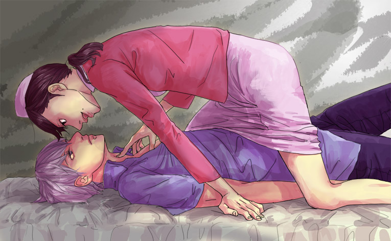 1boy, 1girl, age_difference, assertive_female, atlus, bad_id, bad_pixiv_id, bed