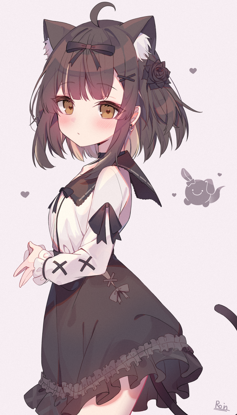 1girl, ahoge, animal_ear_fluff, animal_ears, annin_miru, annin_miru_channel, black_bow, black_flower, black_rose, black_skirt, blunt_bangs, blush, bow, brown_eyes, brown_hair, cat_ears, cat_tail, choker, closed_mouth, commentary, earrings, extra_ears, flower, frilled_skirt, frills, from_side, hair_bow, hair_flower, hair_ornament, heart, heart-shaped_pupils, heart_earrings, high-waist_skirt, highres, jewelry, long_sleeves, looking_at_viewer, looking_to_the_side, own_hands_together, puffy_sleeves, roin, rose, short_hair, sidelocks, simple_background, skirt, solo, symbol-shaped_pupils, tail, upper_body, virtual_youtuber