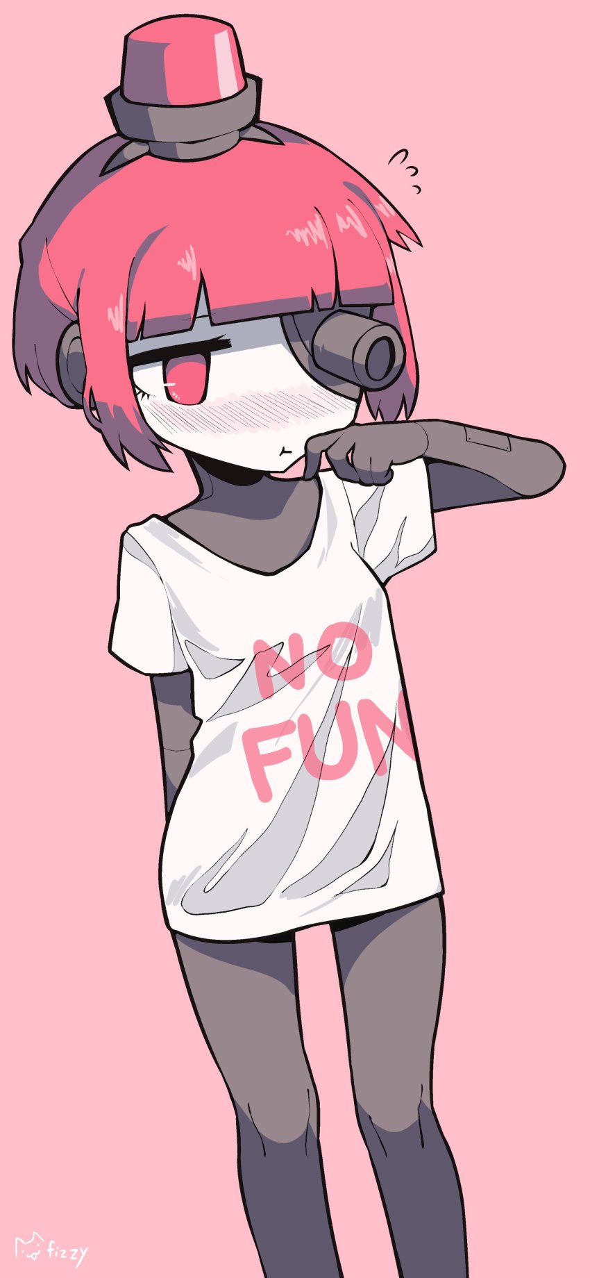 1girl, :t, absurdres, adjusting_clothes, android, artist_name, blush, bottomless, child, colored_skin, cowboy_shot, dutch_angle, ears, english_text, fizzywattr, grey_skin, gun, highres, joints, light, mini-sentry-chan_(fizzywattr), no_nose, one_eye_covered, original, pink_background, red_eyes, red_hair, robot_joints, shirt, simple_background, solo, t-shirt, team_fortress_2, weapon, white_shirt, white_skin