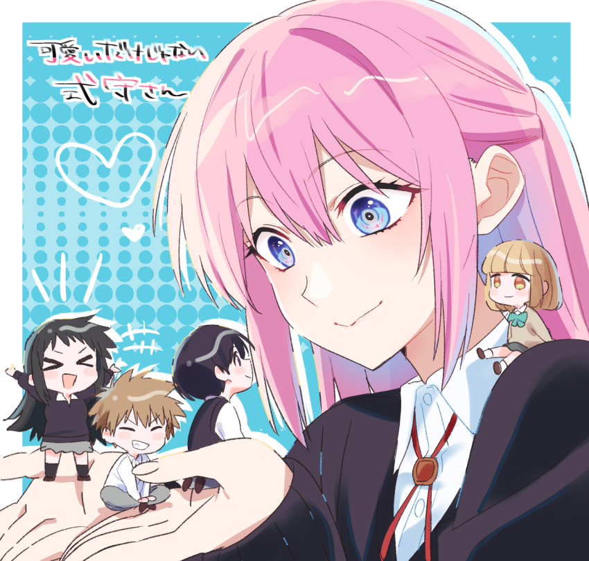 2boys, 3girls, black_hair, blonde_hair, blue_eyes, chibi, hachimitsu_yui, half_updo