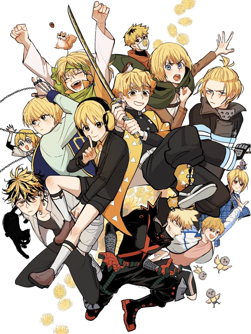 6+boys, acorn, agatsuma_zenitsu, animal, animal_on_head, armin_arlert, arms_up, arthur_boyle