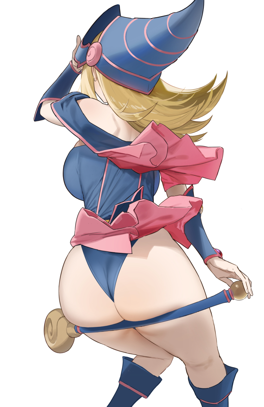 1girl, ass, bare_shoulders, blonde_hair, blue_dress, blue_panties, boots, breasts, capelet, dark_magician_girl, dress, duel_monster, fingernails, from_behind, hand_up, hat, highres, large_breasts, long_hair, panties, pink_capelet, shinjiro, short_dress, simple_background, solo, staff, thighs, underwear, white_background, wizard_hat, yu-gi-oh!