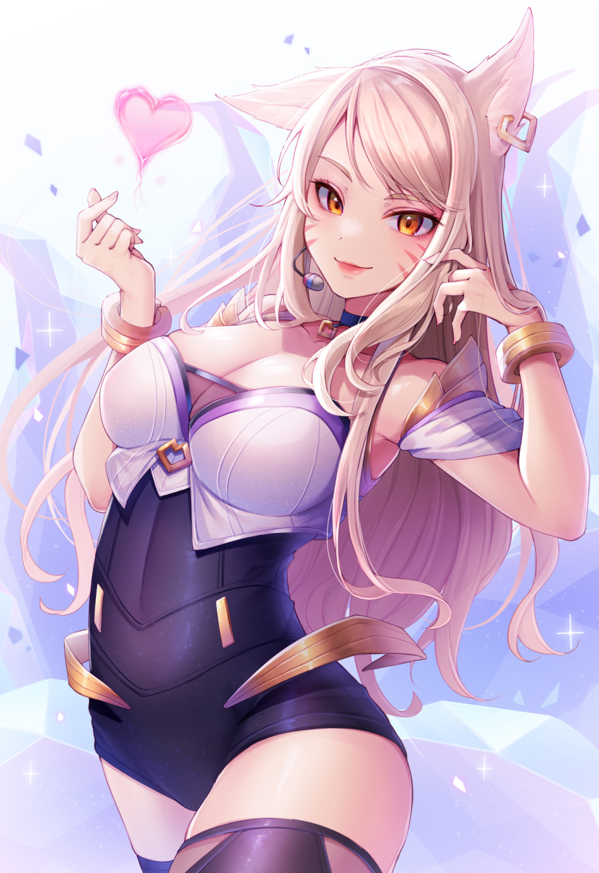 1girl, ahri_(league_of_legends), animal_ear_fluff, animal_ears, bare_shoulders, blonde_hair, bracelet, breasts, choker, cleavage, collarbone, commentary, crystal_tail, detached_sleeves, earrings, facial_mark, finger_heart, fox_ears, fox_girl, fox_tail, hand_in_own_hair, hands_up, heart, highres, jewelry, k/da_(league_of_legends), k/da_ahri, league_of_legends, leotard, long_hair, looking_at_viewer, medium_breasts, microphone, momoirone, multiple_tails, playing_with_own_hair, short_sleeves, sidelocks, simple_background, skindentation, smile, solo, standing, strapless, strapless_leotard, swept_bangs, tail, thighhighs, vastaya, whisker_markings, white_background, white_sleeves, yellow_eyes, zettai_ryouiki