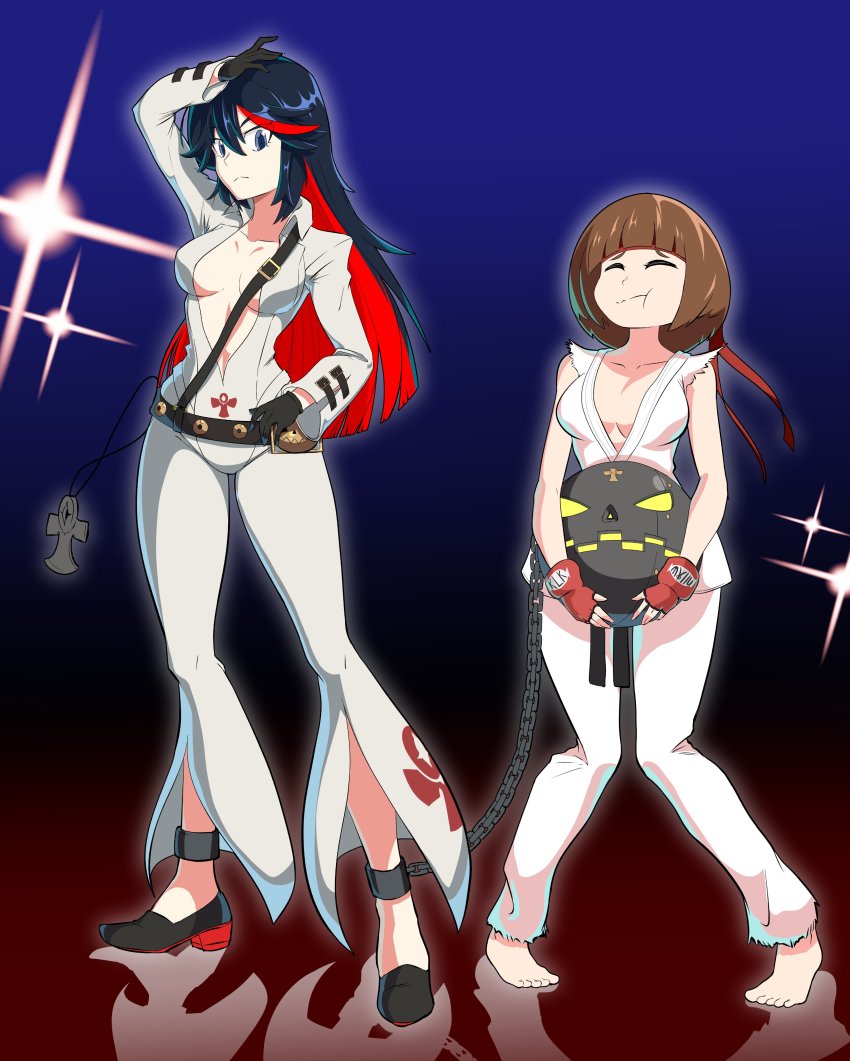 2girls, :<, :t, absurdres, alternate_hair_length, alternate_hairstyle, ball_and_chain_restraint, barefoot