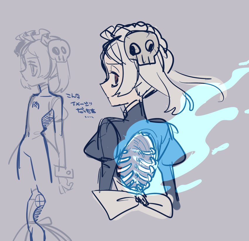 1girl, bloody_marie_(skullgirls), brooch, exposed_bone, fal0811, fire, from_behind, grey_hair