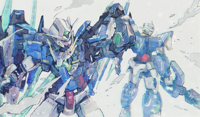 00_qan[t], aqua_eyes, back-to-back, commentary, dust_cloud, from_behind, gundam, gundam_00, gundam_00_a_wakening_of_the_trailblazer, gundam_00_festival_10_"re:vision", gundam_exia_repair_iv, highres, holding, holding_sword, holding_weapon, kare_(0621utak), looking_back, mecha, mobile_suit, no_humans, open_hand, robot, science_fiction, shield, simple_background, standing, sword, upper_body, v-fin, weapon, weapon_on_back, white_background