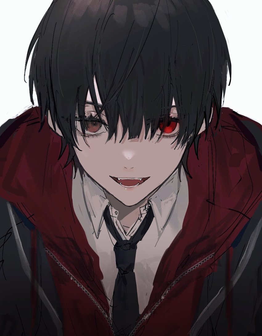 1boy, black_hair, black_necktie, brown_eyes, eyes_visible_through_hair, heterochromia, highres, hood