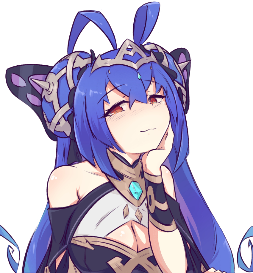 1girl, antenna_hair, bare_shoulders, blue_hair, breasts, cleavage, cleavage_cutout, clothing_cutout, dragalia_lost, dress, hair_between_eyes, hair_ornament, hand_on_own_face, highres, long_hair, looking_at_viewer, origa_(dragalia_lost), pflglcht, red_eyes, sleeveless, sleeveless_dress, solo, upper_body, white_background