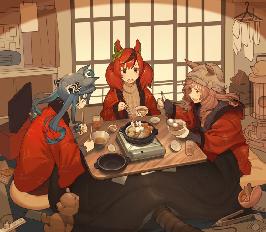 3girls, ahoge, animal_ears, ashinowoto, beanie, blue_hair, book, bowl