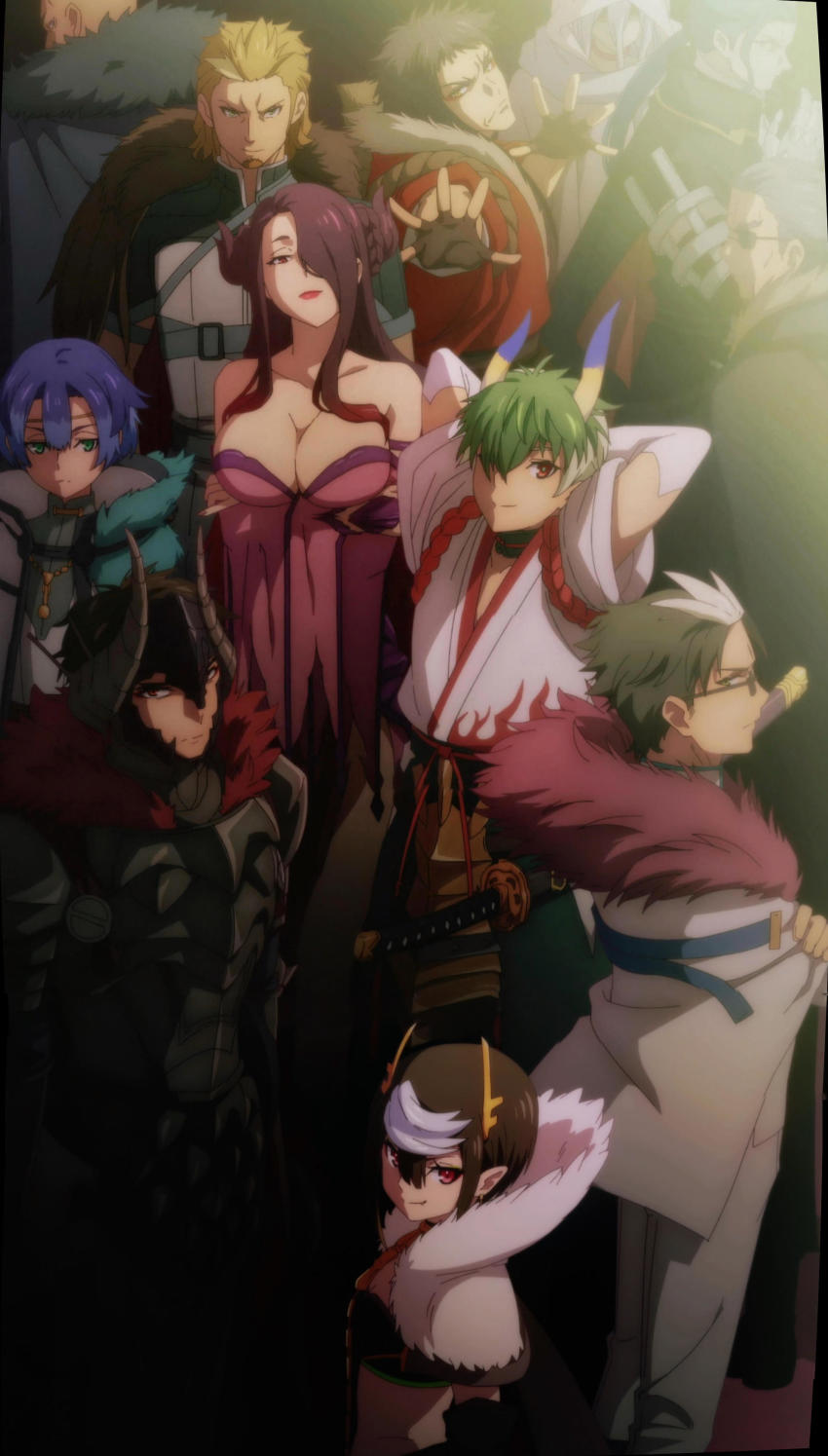 absurdres, agner_ricep, ariel_(kumo_desu_ga_nani_ka?), arms_under_breasts, balto_phthalo, bare_shoulders, black_hair, bloe_phthalo, breasts, cleavage, guliedistodiez, hair_over_one_eye, highres, kumo_desu_ga_nani_ka?, kumoko_(kumo_desu_ga_nani_ka?), large_breasts, long_hair, red_eyes, revealing_clothes, sanatoria, shiraori, stitched, third-party_edit, wrath_(kumo_desu_ga_nani_ka?)