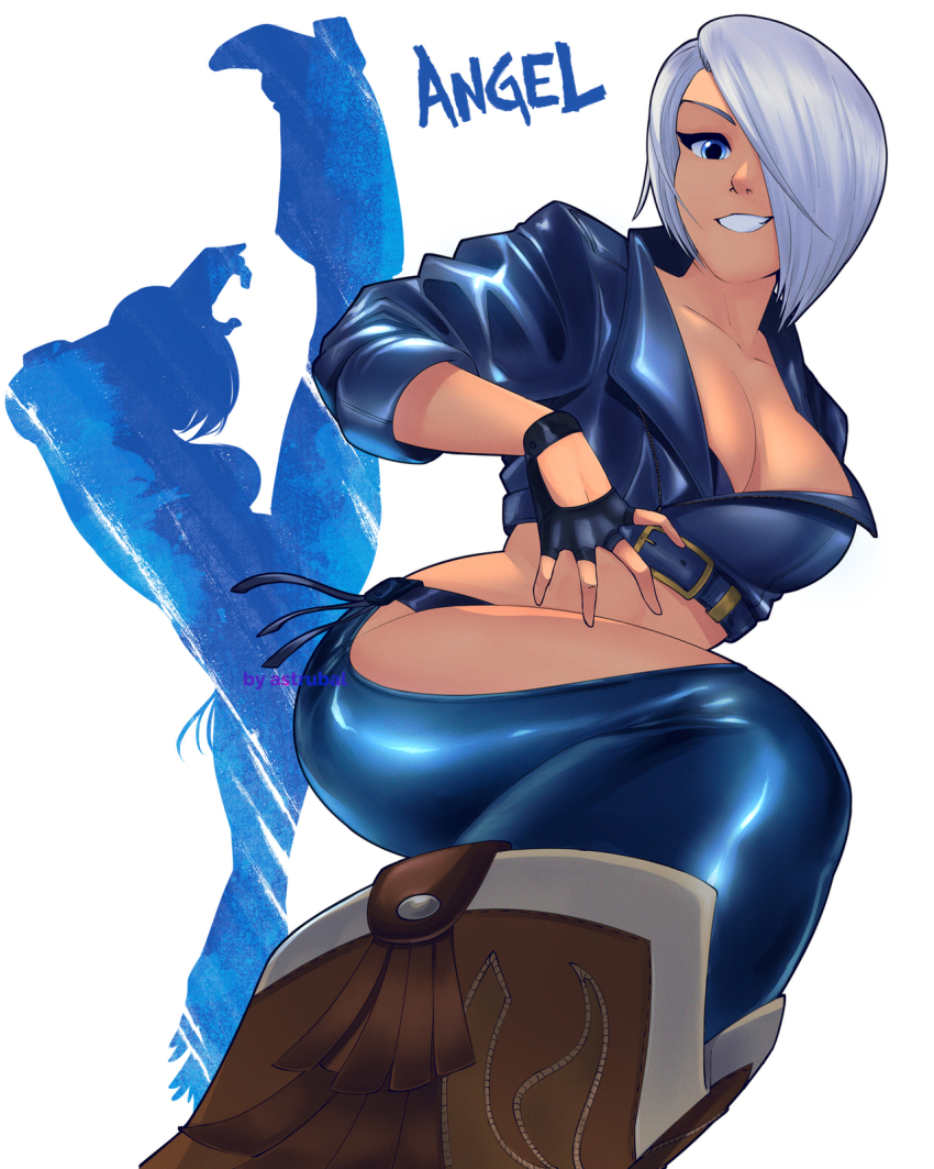 1girl, angel_(kof), astrubalart, blue_eyes, boots, bra, breasts, chaps