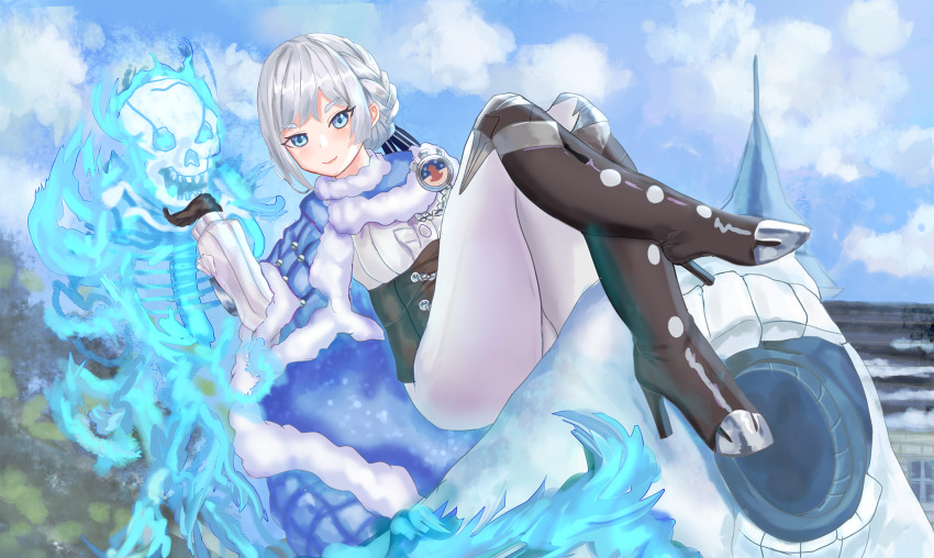 1girl, akershus_fortress_(oshiro_project), blue_eyes, blush, boots, breasts, cape, fur-trimmed_cape, fur_trim, gloves, high_heel_boots, high_heels, highres, large_breasts, long_hair, om10, oshiro_project:re, pants, silver_hair, sitting, skeleton, smile, thick_thighs, thighs, tight_clothes, tight_pants