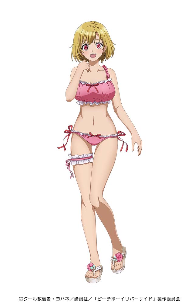 1girl, bikini, blonde_hair, breasts, large_breasts, looking_at_viewer, midriff, official_art