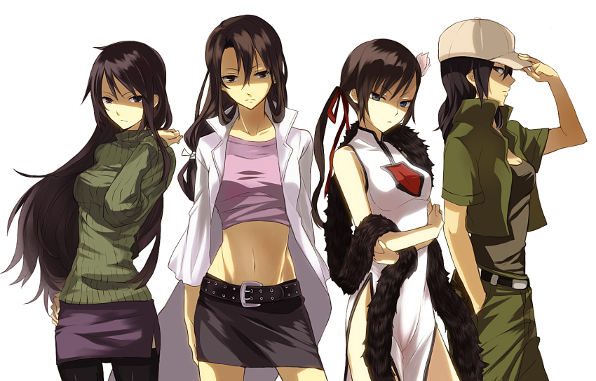 4girls, alternate_hairstyle, belt, black_hair, brown_hair, china_dress, chinese_clothes, collarbone, creator_connection, dress, durarara!!, ei_yi_li, etsusa_oohashi, fur, hat, kijima_shizune, long_hair, mashiro_(sekai_no_chuushin_hariyama-san), midriff, multiple_girls, nanamura, navel, pencil_skirt, sekai_no_chuushin_hariyama-san, shirt, skirt, sweater, taut_clothes, taut_shirt, thighhighs, twintails, vamp!, yagiri_namie