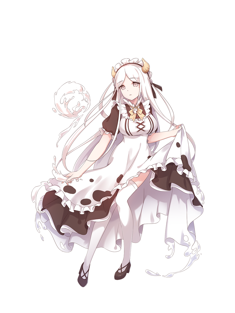 1girl, animal_print, apron, bottle, bow, bowtie, breasts, brown_dress