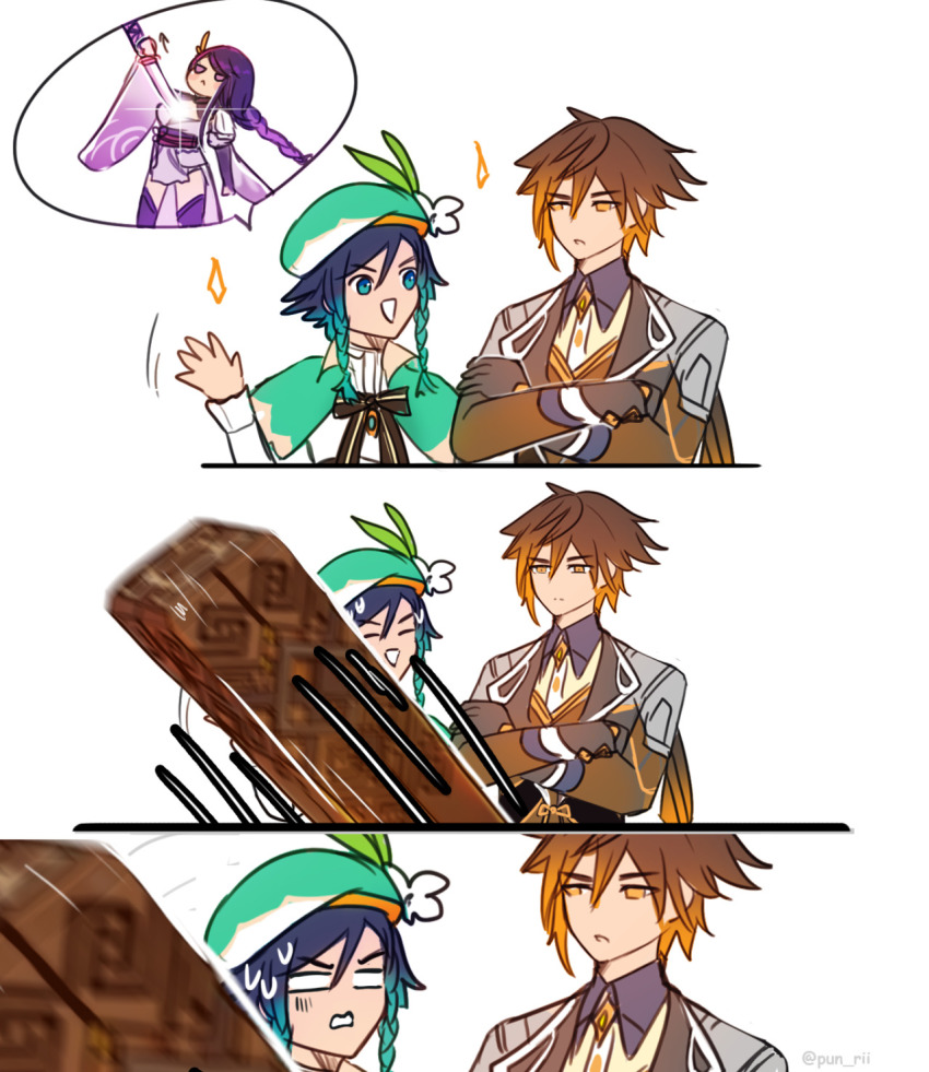 1girl, 2boys, comic, genshin_impact, highres, multiple_boys, pun-rii, raiden_shogun