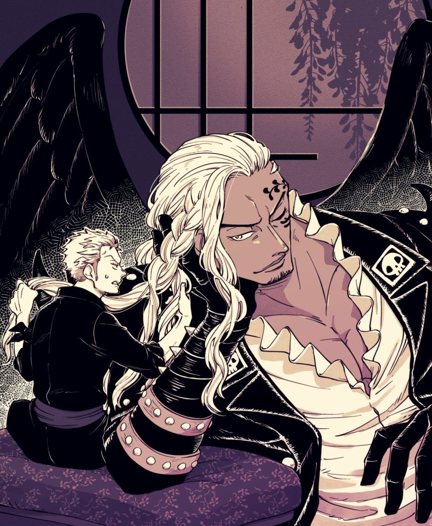 2boys, arm_support, armor, braid, brushing_hair, chabo_(niwatori_bosori), clenched_teeth, dark_skin, disgust, formal_clothes, gloves, hair_pulled_back, hand_in_own_hair, highres, jacket, king_(one_piece), long_hair, looking_at_another, looking_at_viewer, multiple_boys, muscular, one_piece, pectorals, roronoa_zoro, serious, sheath, single_braid, sitting, size_difference, solo, suit, tattoo, teeth, upper_body, wings