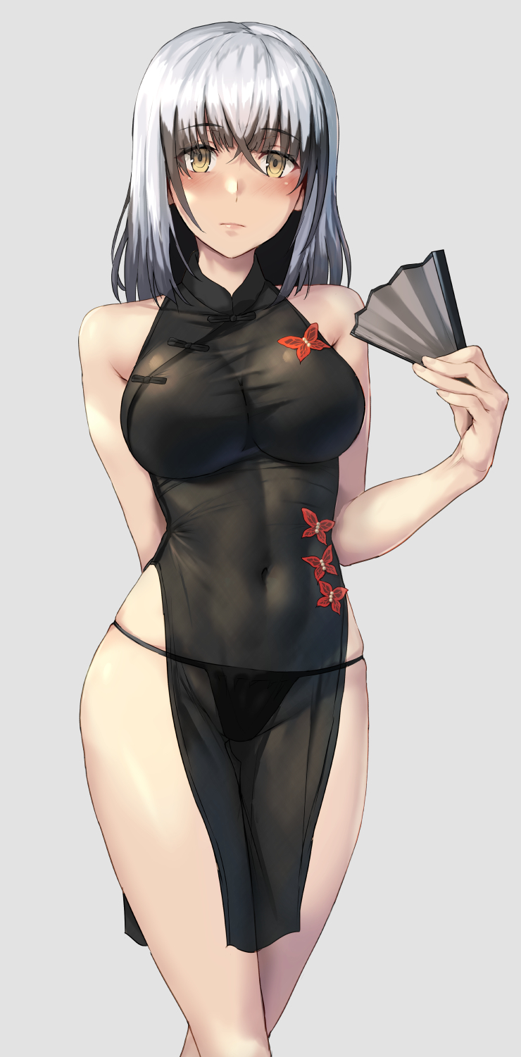 1girl, arm_behind_back, black_dress, black_hair, black_panties, blush, breasts, china_dress, chinese_clothes, closed_mouth, commission, covered_navel, dress, expressionless, folding_fan, gluteal_fold, grey_background, hand_fan, highres, impossible_clothes, kokuzou, large_breasts, looking_at_viewer, medium_hair, multicolored_hair, panties, pelvic_curtain, satsuki_yomi, see-through_clothes, simple_background, skeb_commission, solo, standing, string_panties, toji_no_miko, two-tone_hair, underwear, white_hair, yellow_eyes