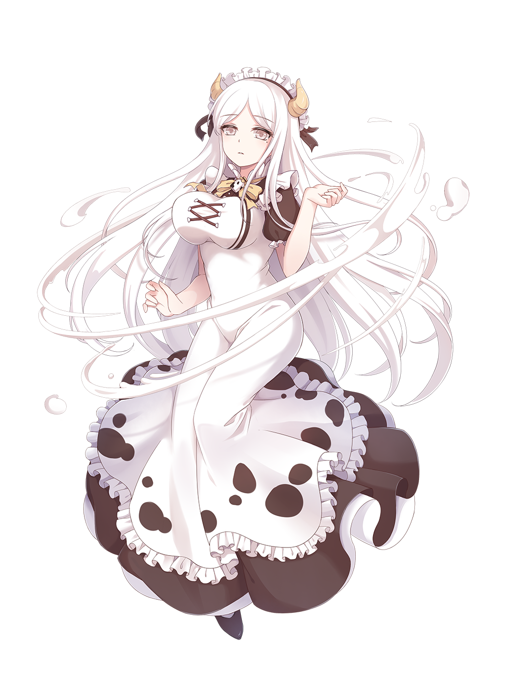 1girl, animal_print, apron, bottle, bow, bowtie, breasts, brown_dress, brown_footwear, cow_girl, cow_horns, cow_print, cow_print_apron, cross-laced_clothes, dress, expressionless, food_fantasy, frilled_dress, frilled_sleeves, frills, full_body, grey_eyes, groin, hand_up, highres, holding_own_dress, horns, large_breasts, layered_dress, long_dress, long_hair, looking_at_viewer, maid_headdress, mermaid_dress, milk, milk_(food_fantasy), milk_bottle, mole, mole_under_eye, official_art, parted_bangs, pinafore_dress, print_apron, puffy_short_sleeves, puffy_sleeves, short_sleeves, sleeveless, sleeveless_dress, solo, thighhighs, third-party_source, transparent_background, white_apron, white_hair, yellow_bow, yellow_bowtie