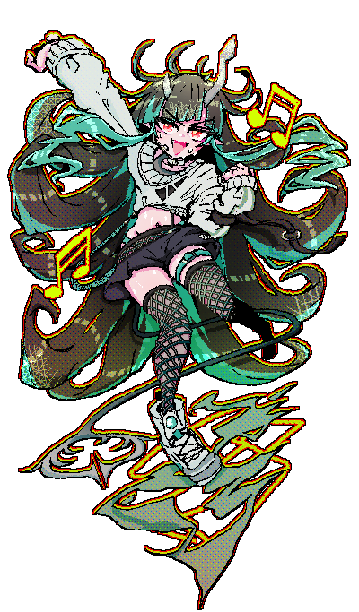 1girl, bane_mk-2, black_hair, black_shorts, black_tank_top, blue_hair, commentary_request, demon_girl, demon_horns, demon_tail, dutch_angle, fang, fishnet_thighhighs, fishnets, flat_chest, full_body, grey_sweater, horns, long_hair, long_sleeves, looking_at_viewer, midriff, multicolored_hair, nanashi_inc., navel, official_alternate_costume, pixel_art, pointy_ears, red_eyes, shishio_chris, shishio_chris_(2nd_costume), shoes, shorts, simple_background, smile, sneakers, solo, sweater, tail, tank_top, thighhighs, transparent_background, two-tone_hair, v-shaped_eyebrows, virtual_youtuber, white_shoes