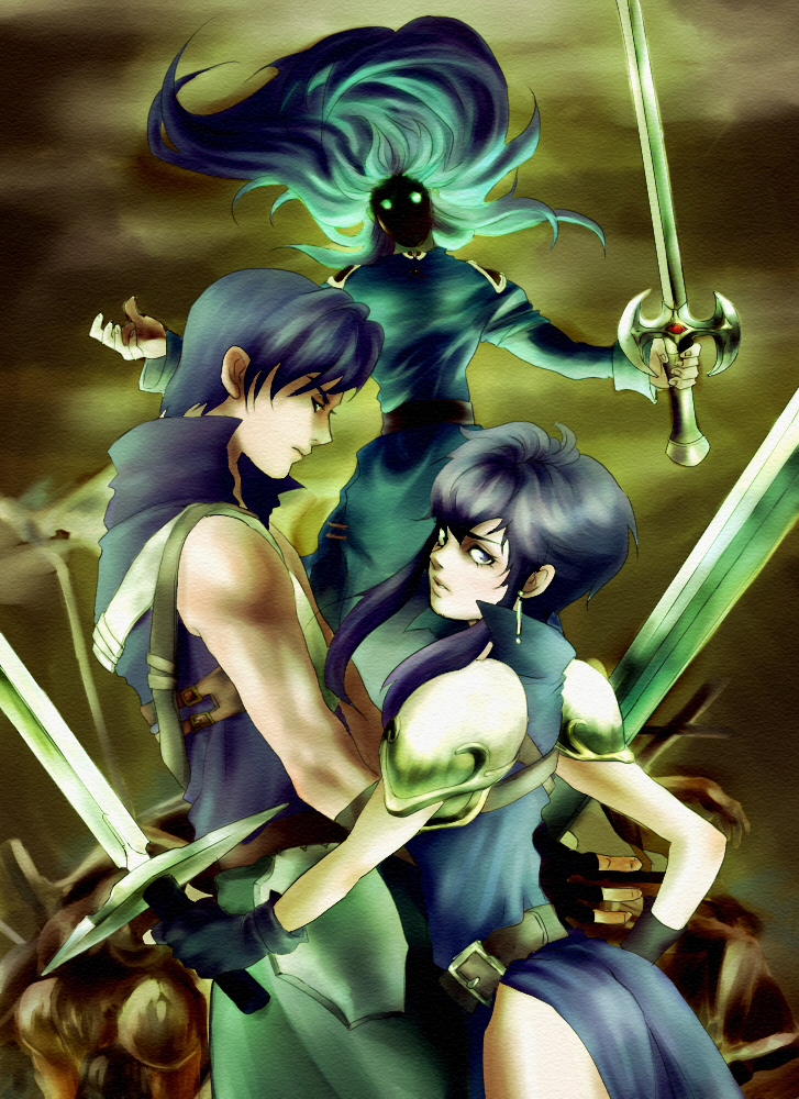 1girl, 2boys, armor, bad_id, bad_pixiv_id, becky2006, black_hair, brother_and_sister