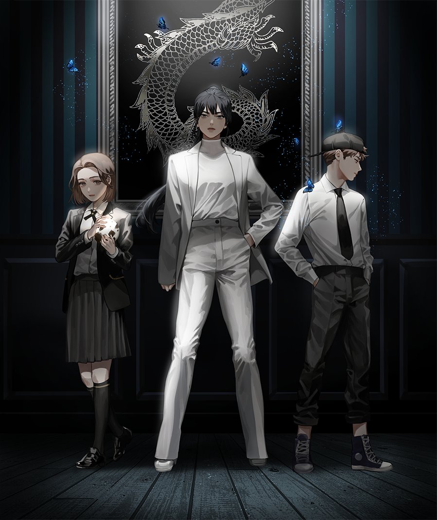 1boy, 2girls, black_hair, black_necktie, blackbox_(blackbox9158), blue_butterfly, bolo_tie, brown_eyes