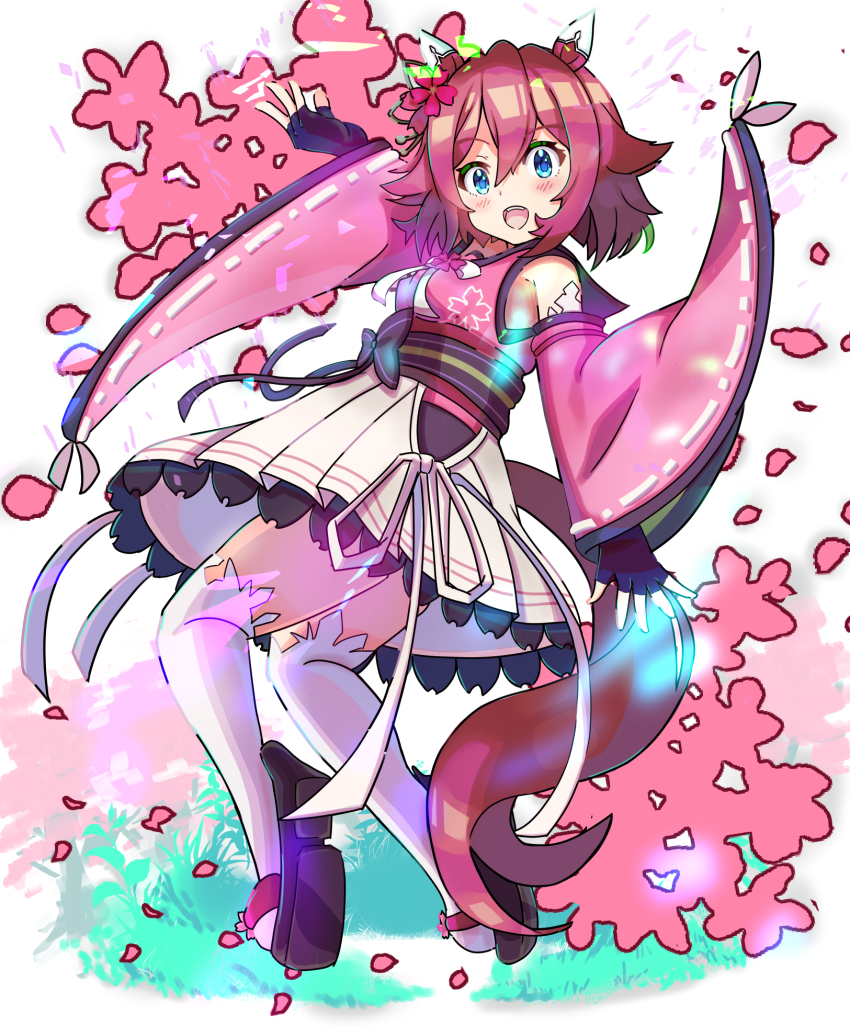 aiou0413, animal_ears, blue_eyes, blush, breasts, commentary_request, detached_sleeves, fingerless_gloves