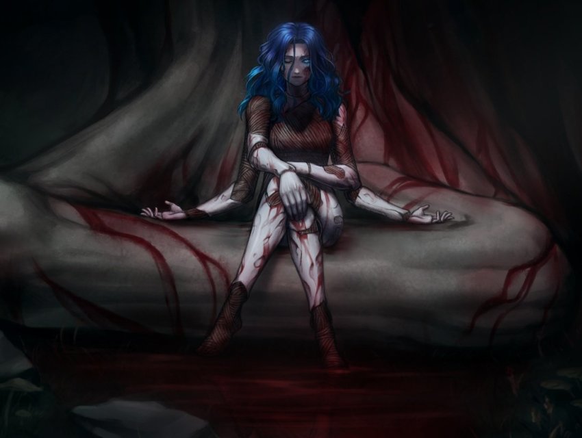 1girl, asrikins, blood, blood_on_leg, blue_eyes, blue_hair, closed_mouth, colored_skin