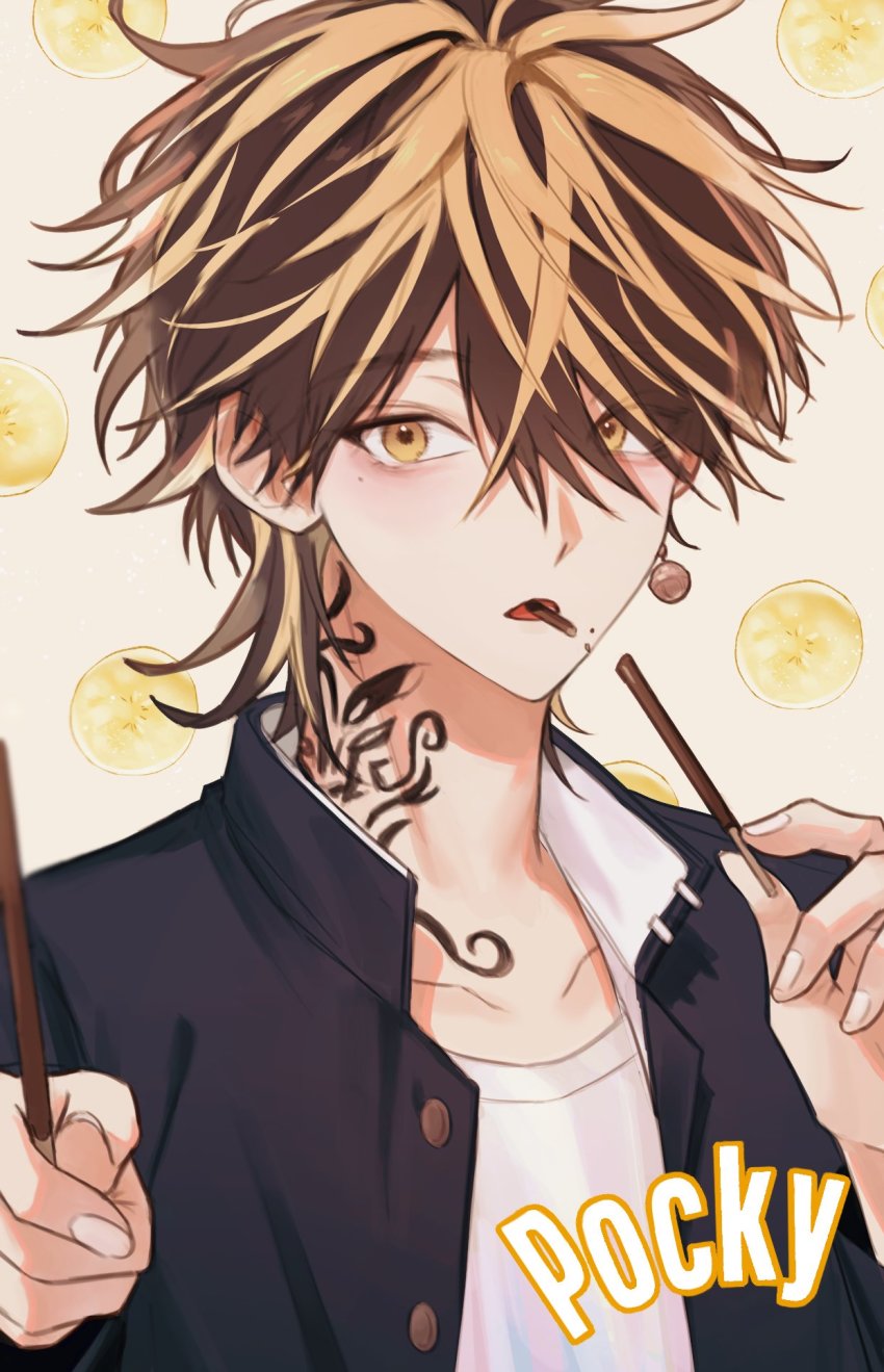 1boy, bad_id, bad_twitter_id, banana, banana_slice, black_hair, black_jacket, blonde_hair