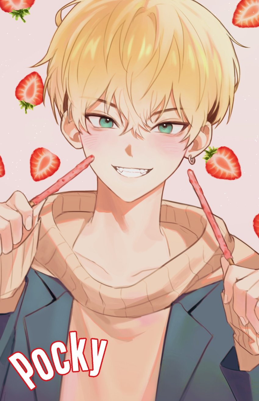 1boy, bad_id, bad_twitter_id, black_hair, blonde_hair, blue_jacket, blush, brown_sweater, clqndb_27, earrings, food, fruit, green_eyes, grin, hair_between_eyes, hands_up, highres, holding, holding_food, holding_pocky, jacket, jewelry, long_sleeves, looking_at_viewer, male_focus, matsuno_chifuyu, pink_background, pocky, short_hair, single_earring, sleeves_past_wrists, smile, solo, strawberry, sweater, tokyo_revengers, undercut, upper_body