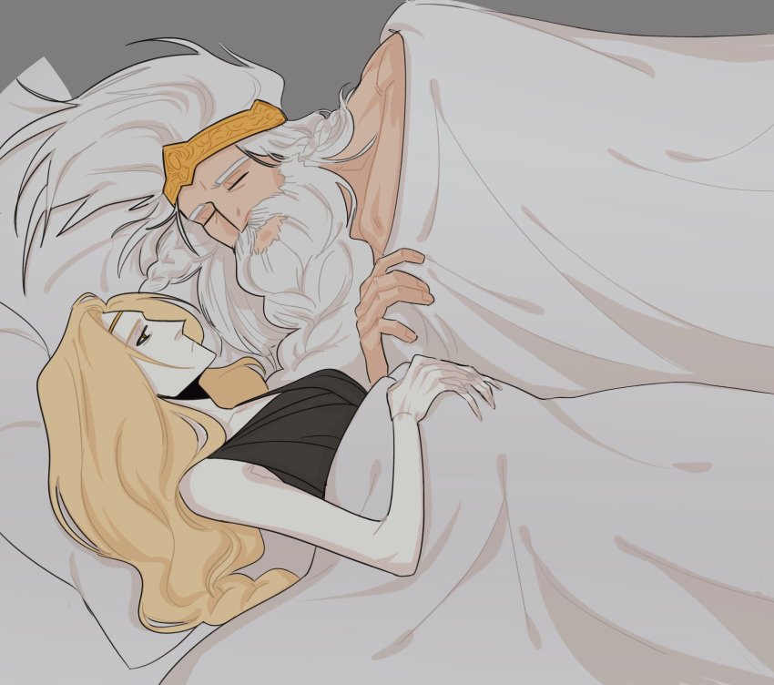 1boy, 1girl, beard, black_dress, blonde_hair, closed_mouth, crown, dress