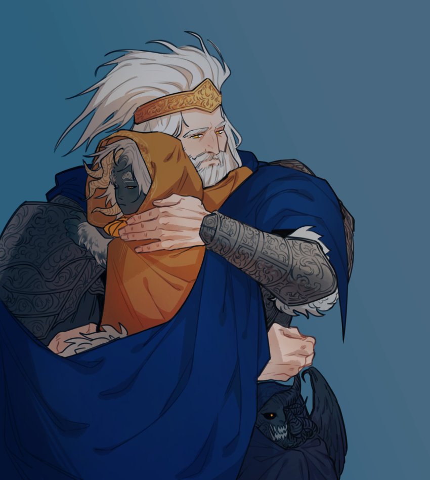 3boys, aged_down, armor, beard, black_sclera, blue_background, blue_cape, bracer