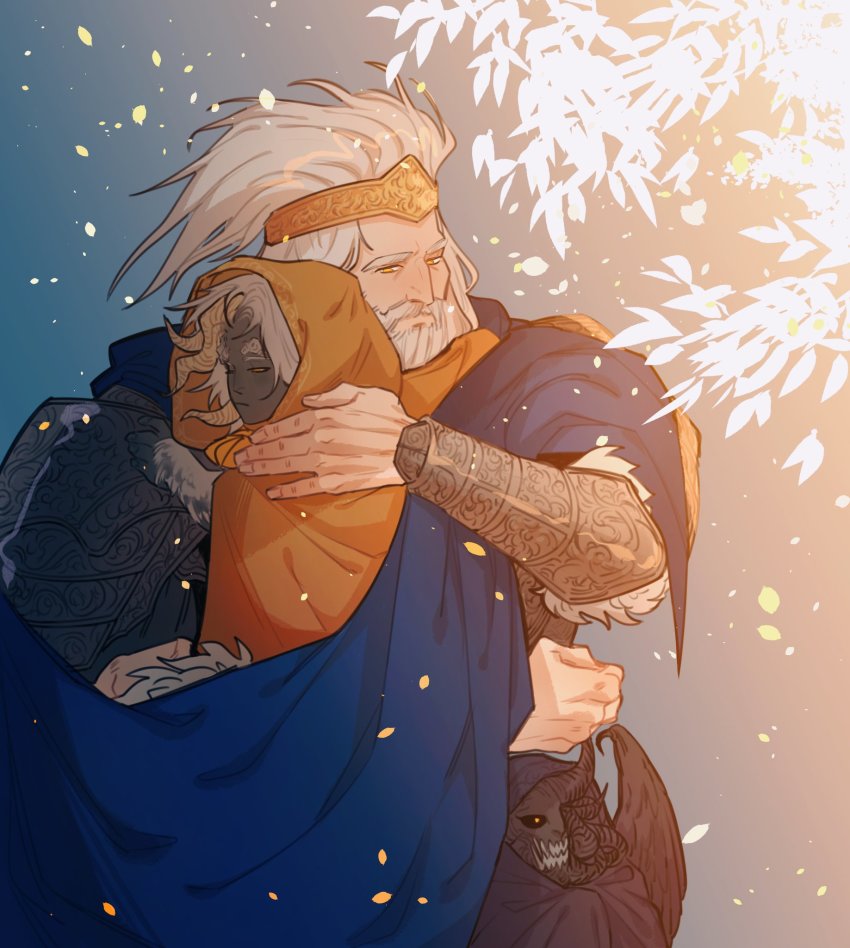 3boys, aged_down, armor, beard, black_sclera, blue_cape, bracer, cape, child, closed_mouth, colored_sclera, crown, elden_ring, facial_hair, father_and_child, father_and_son, godfrey_first_elden_lord, highres, holding_person, horns, margit_the_fell_omen, mohg_lord_of_blood, morgensevermalt, multiple_boys, parent_and_child, pauldrons, sharp_teeth, shoulder_armor, teeth, white_hair, wings, yellow_eyes