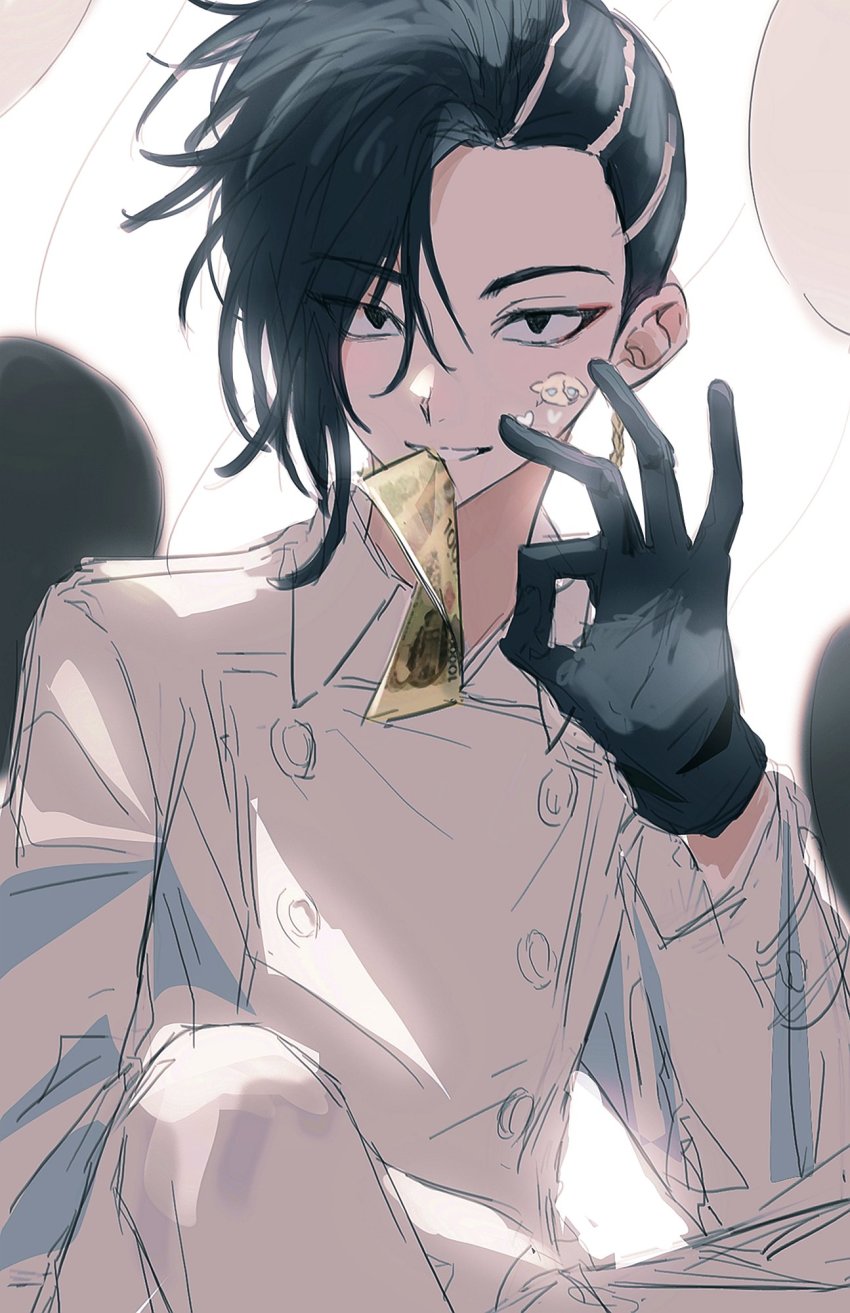 1boy, asymmetrical_hair, bad_id, bad_twitter_id, banknote, black_eyes, black_gloves, black_hair
