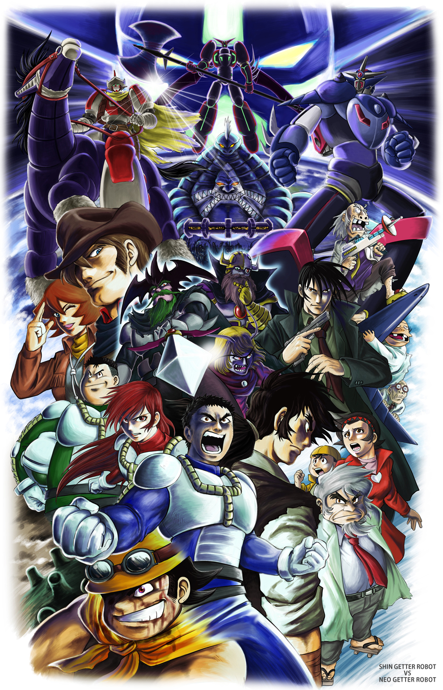 3girls, 6+boys, ;d, advisor_gallery, angry, antennae, axe, backwards_hat, baseball_cap, beard, belt, black_hair, blonde_hair, blood, blue_eyes, bodysuit, brooch, brother_and_sister, brown_hair, cape, character_request, clenched_hand, clenched_hands, colored_skin, cowboy_hat, cowboy_western, emperor_gol, everyone, eyebrows, facial_hair, fang, feet, fighting_stance, formal_clothes, frown, general_bat, getter_robo, glasses, gloves, goatee, goggles, goggles_on_head, green_hair, grin, gun, hairband, handgun, hat, heart, helmet, highres, horns, horse, huge_weapon, ichimonji_gou, iwata_kiyohiko, jack_king, jacket, jewelry, jin_hayato, leather, leather_jacket, lipstick, long_hair, makeup, mary_king, masamichi_gai, mecha, multiple_boys, multiple_girls, musashi_tomoe, nagare_ryoma, necktie, neo_getter-1, neon_(neo_getter_robo), one_eye_closed, open_clothes, open_jacket, open_mouth, open_shirt, pilot_suit, planet, plump, polearm, professor_saotome, professor_shikishima, purple_skin, red_eyes, red_hair, riding, robot, salute, sandals, saotome_michiru, scarf, shin_getter-1, shin_getter_robo_vs_neo_getter_robo, shirt, short_hair, siblings, sideburns, silver_hair, smile, space, suit, sword, tachibana_shou, teeth, texas_mack, toei_company, turtleneck, weapon, wink